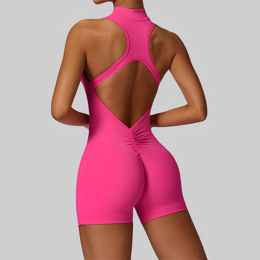 Backless Front Zipper Jumpsuit Sleeveless & Shorts / Hot Pink